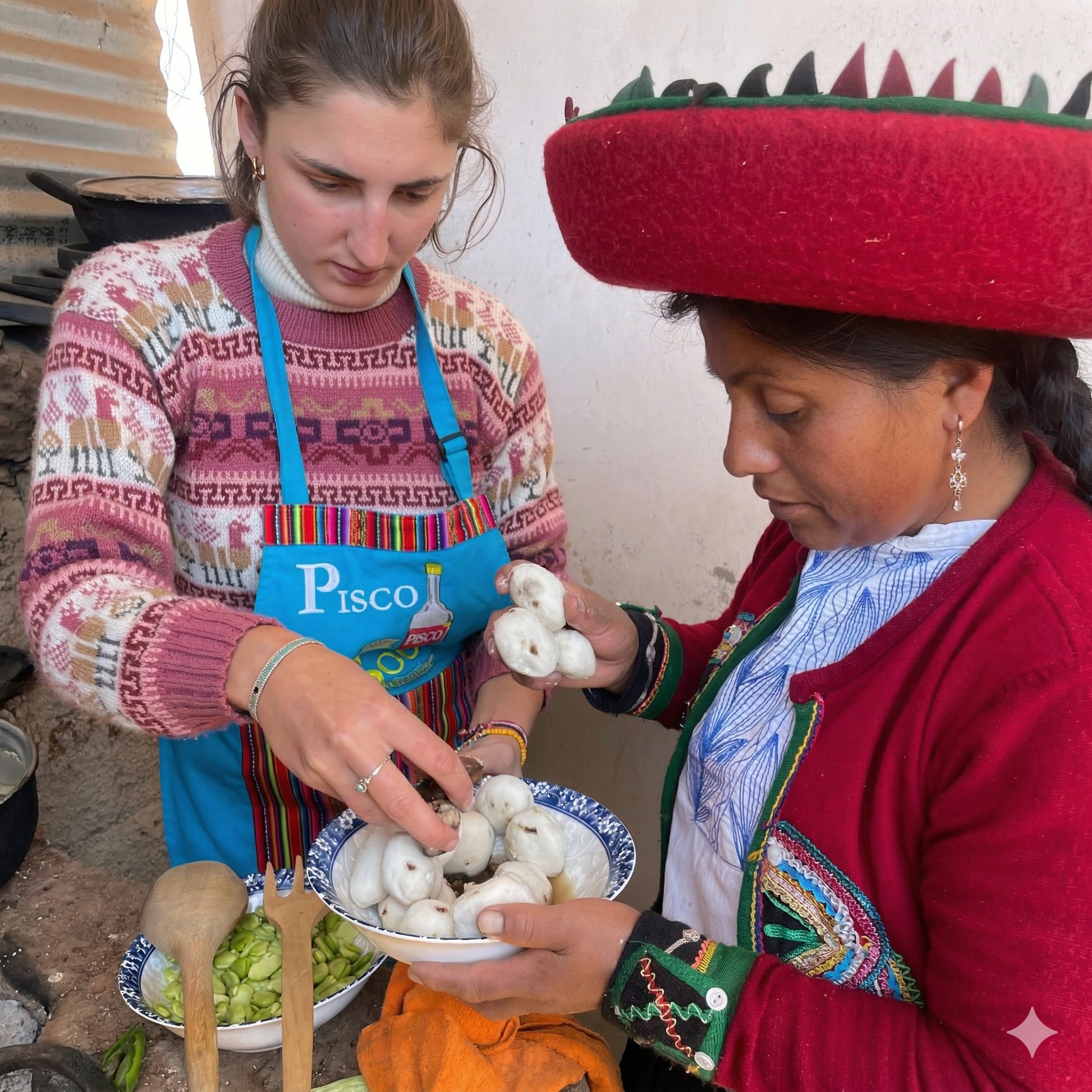 Visitor helping in the kitchen with Norberta’s family